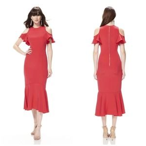 THEIA Persimmon Silk Cold Shoulder Cocktail Midi Dress Red Women's Plus Size 22